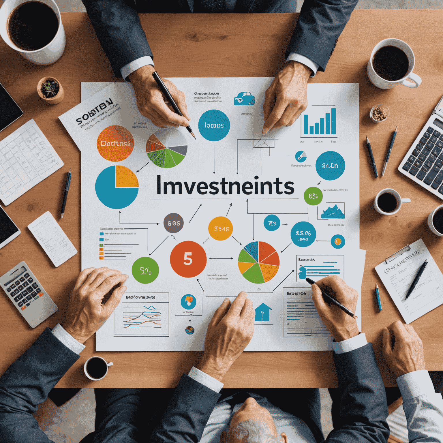 A diverse portfolio of investments represented by various icons including stocks, bonds, real estate, and commodities, arranged in a balanced composition