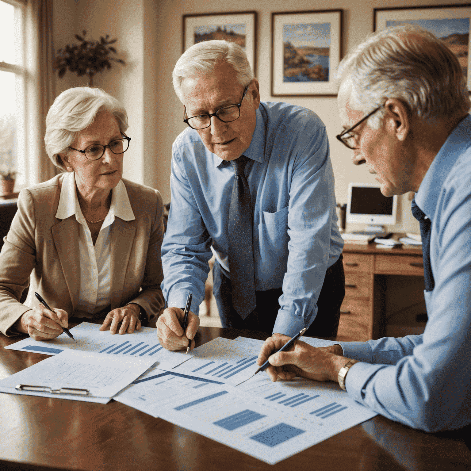 Senior couple reviewing retirement plans with a financial advisor. The image shows a warm, comfortable office setting with charts and documents spread on a desk. The advisor is pointing to a graph, explaining investment strategies, while the couple listens attentively.